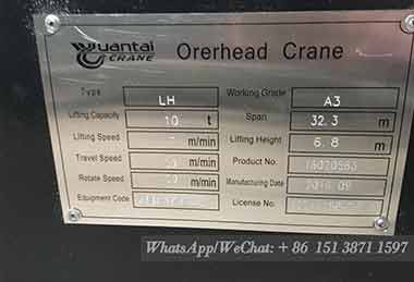 Name plate of 10 ton double girder eot crane for sale Ethiopia