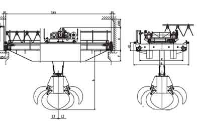 Overhead crane with clamshell grab bucket drawing 