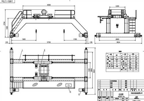 Explosion proof double girder overhead crane drawing with specifications of 5 ton -5.75 m span - 9 m lifting height , click to check crane drawing pdf