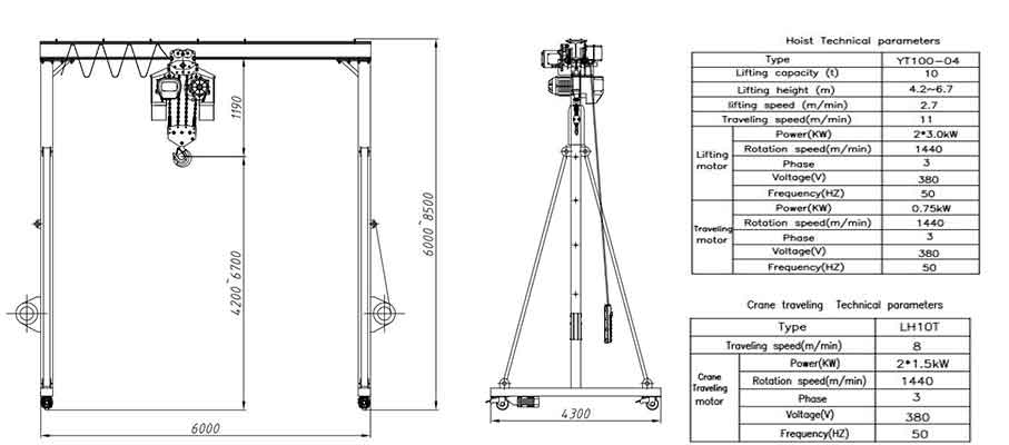 portable adjustable gantry crane 10 ton-6m-height 6~8.5m