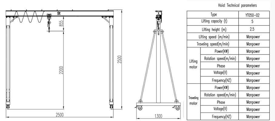 Drawing of 5 ton portable gantry crane with manual travelling, 2.5 m span, and 2.5 m lifting height 