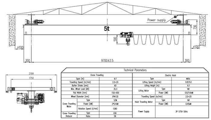 5 ton single girder under hung bridge crane drawing 