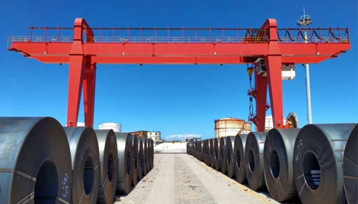 Double girder gantry crane on tracks for steel coil handling 