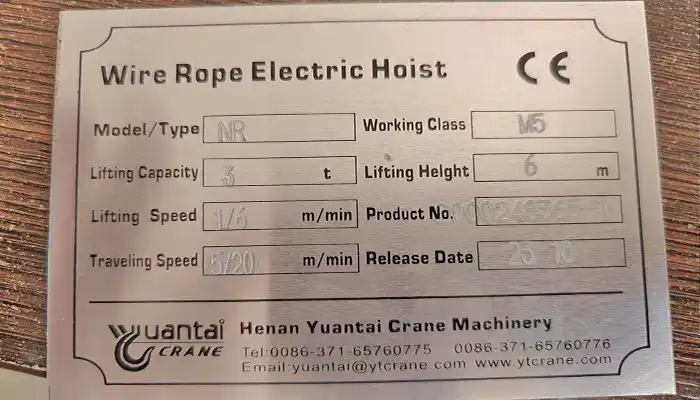 Nameplate of electric wire rope hoist crane kit 