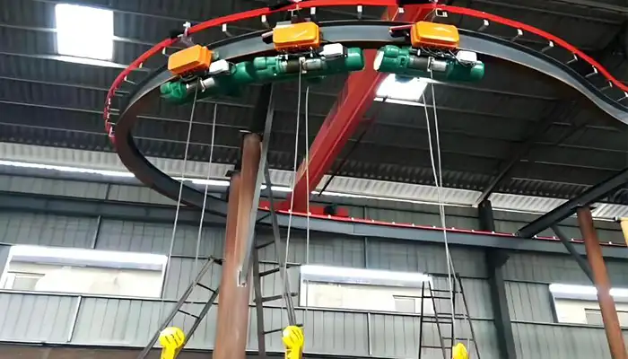 Freestanding monorail cranes with curved track or orbit