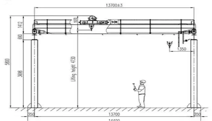 General drawing of double girder bridge crane 10 ton for construction sector 