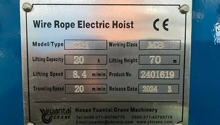 Main Specifications of 20 Ton Electric Hoists 