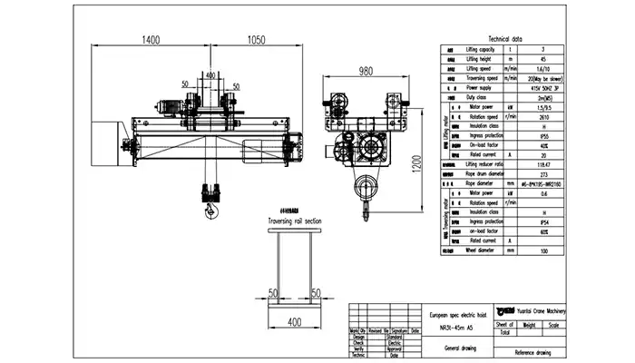 design drawing of 3 ton wire rope electric hoist