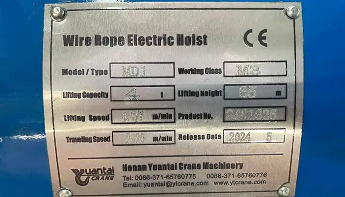 Namplate of Electric Hoist 3 Ton with 65 M Lifting Height