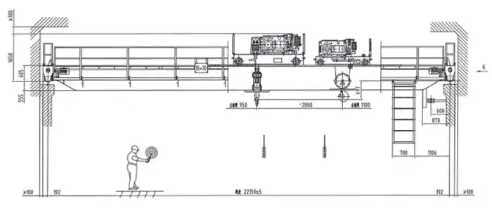 QE double girder overhead crane with tradtional 16+10 ton open winch trolleys