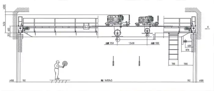 QE double girder overhead crane with tradtional 10 +5 ton open winch trolleys