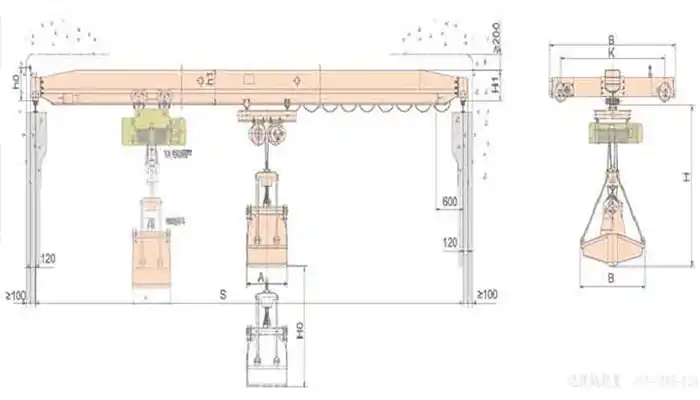 drawing of single girder overhead crane with clamshell grab bucket for your reference 