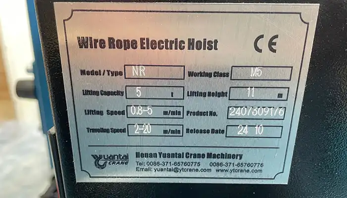 Namplate of 5 ton variable speed hoist 