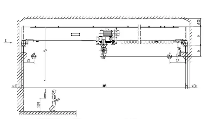 crane drawing of single girder low headroom hoist crane with European style design