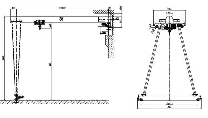 BMHO 3t-12m-3m A5 European Semi-Gantry Crane Drawing European Spec 3t Chain Hoist Full VFD 12m Span 3m Lifting Height Pendant Remote Control P15 Rail 3P 380V 50Hz 1 Unit