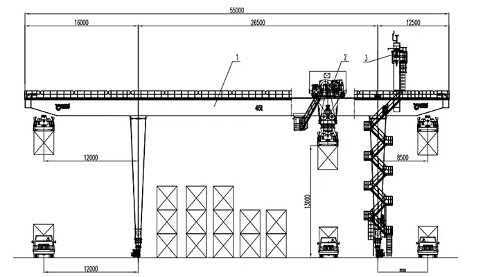 Yuantai 45t Rail-Mounted Gantry Container Crane Drawing Russia Project 26.5m Span 16m/12.5m Cantilevers A7 -45C Low Temp 12m Transport KP100 Rail