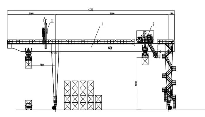 50t FEM/ISO Rail Mounted Gantry Crane Drawing & Technical Parameters - RMG50t-32m-12.5m Project (32m Span, 11m Left Cantilever
