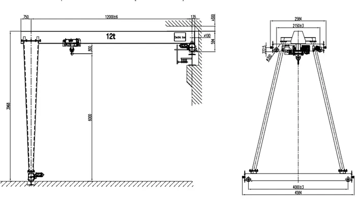 BMHO 12t-12m-6m A5 European Semi-Gantry Crane Drawing Single Girder Semi-Gantry Crane European Spec Hoist 12t Full VFD Without Hanging Type 12m Span 6m Lifting Height Pendant Remote Control P22 Rail 3P 380V 50Hz 1 Unit