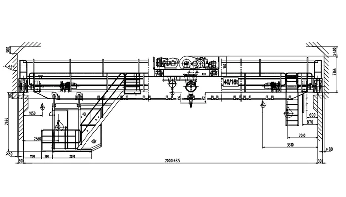 QDY 40/16t-20m-17m A7 Foundry Crane Drawing 40t Main Hook 16t Auxiliary Hook 20m Span 17m Lift Cabin Remote Control Dual Hook 3P 415V 50Hz