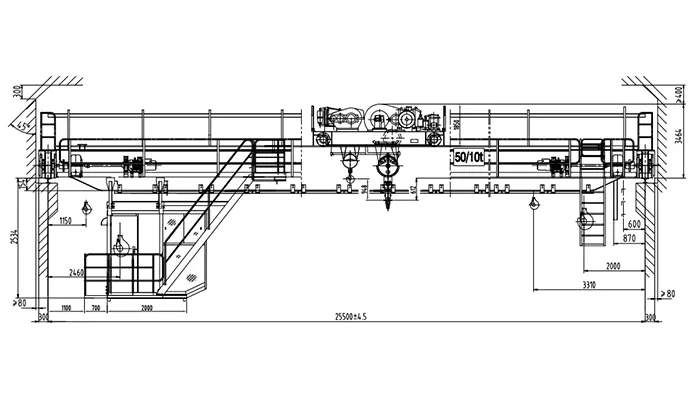 QDY 50t-33.5m A7 Foundry Crane Drawing 50t Capacity 33.5m Span 12m Lift Cabin Control Heat Shield Molten Metal Hot Processing 65-70m Workshop 3P 480V 60Hz 2 Units