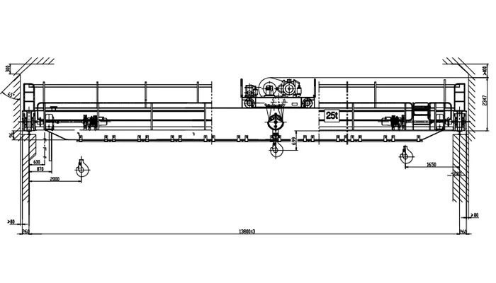 QDY 25t-13.8m-15m A7 Foundry Crane Drawing 25t Capacity 13.8m Span 15m Lift Open Winch Trolley VFD Control Remote Control 48V Molten Metal Handling 3P 380V 60Hz