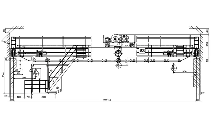 QDY 60t-19m-16m A7 Foundry Crane Drawing 60t Capacity 19m Span 16m Lift Cabin Remote Control Air Conditioned Cabin Molten Metal Handling No Main Girder 130m Travel 1 Unit