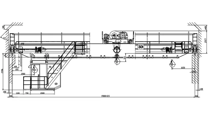 QDY 30t-19m-16m A7 Foundry Crane Drawing 30t Capacity 19m Span 16m Lift Cabin Control Remote Control Air Conditioned Cabin Molten Metal Handling 130m Travel 3P 380V 50Hz