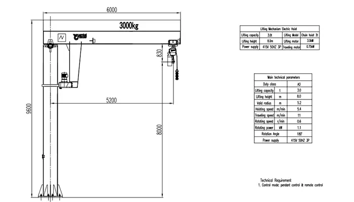  3t Tall Pillar Jib Crane Drawing (Valid Radius 5.2m, Total Beam 6.0m, Lifting Height 8.0m, A3 Duty, Electric Chain Hoist, 180° Motorized Rotation)