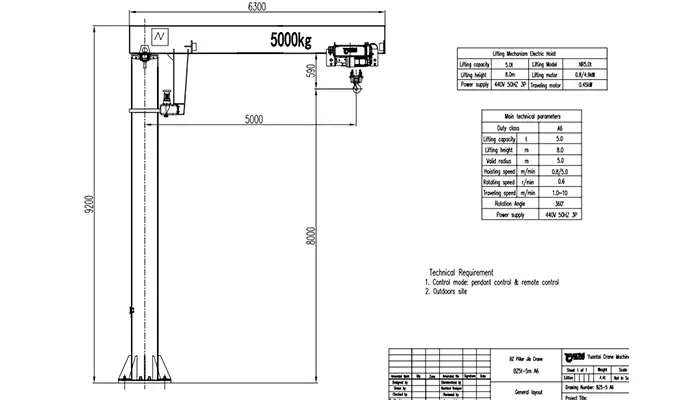 5t pillar crane, A5 jib crane, European hoist pillar crane, 270 degree jib crane