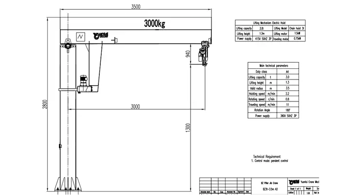 BZ Compact Pillar Jib Crane Drawing 3 Ton (3.5m Radius, 1.3m Lifting Height)