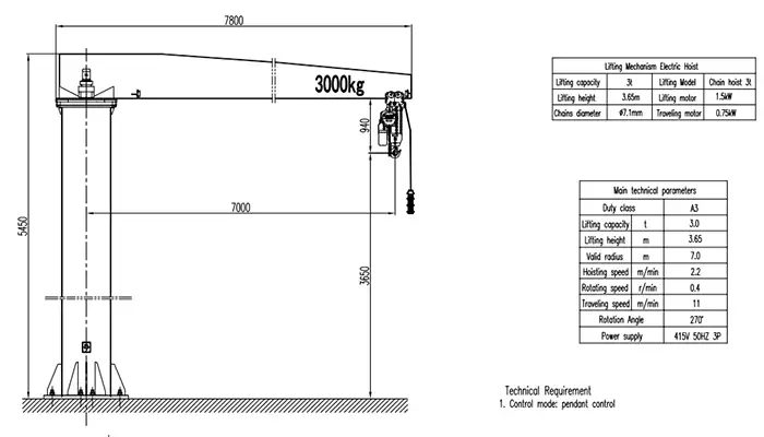 3t Heavy-Duty Pillar Jib Crane Drawing (Valid Radius 7.0m, Total Beam 7.8m, Lifting Height 3.65m, A3 Duty, Electric Chain Hoist, 270° Motorized Rotation)