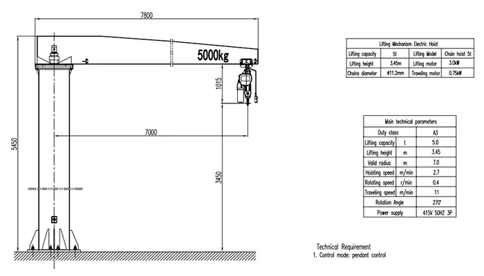 BZ Pillar Jib Crane Drawing 5 Ton (7m Radius, 3.45m Lifting Height, A3 Duty)
