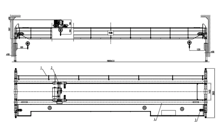 Double Girder Overhead Crane 10 Ton S18m H9.5m Low Headroom 1645mm with Crab Wire Rope Hoist Drawing (380V 50Hz, P30 Rail)