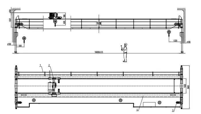 Double Girder Overhead Crane 10 Ton S16m H9m Full VFD Dual-Speed 4/1 Rope Reeving Drawing (380V 50Hz, P30 Rail)