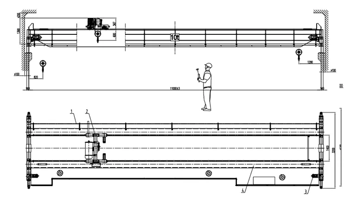 Double Girder Overhead Crane 10 Ton S11.4m H6m with Crab Wire Rope Hoist Full VFD Side Column Spacing 10m (380V 50Hz, P30 Rail)
