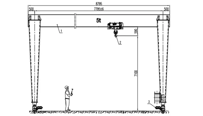 5 ton gantry crane for indoor use - Yuantai Crane Gantry Crane Project Drawing -European Single Girder Gantry Crane 5 Ton - S7.795m - H8.1m | Total Width 8.795m Gantry Crane Drawing, NR Hoist, P22 Rail, M5
