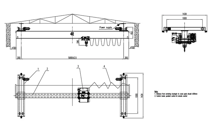 Ceiling Mounted Crane 4 Ton S5m H5m NR Electric Hoist with Ceiling Mounted Bridge Crane Underslung Crane Suspension Crane End Truck 29.8 kN Wheel Load 150~400mm Rail 380V 50Hz
