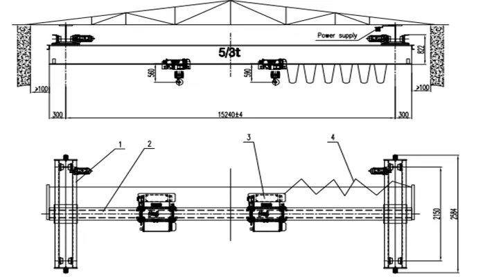 Dual Hoist Underhung Crane 5 Ton and 3 Ton S15.24m H9.144m with 6t End Beam Single Girder Underhung Crane 