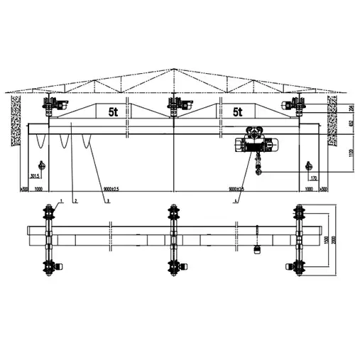 Multiple Point Underhung Bridge Crane 5 Ton 9m+9m H6m | 3 Support Points 