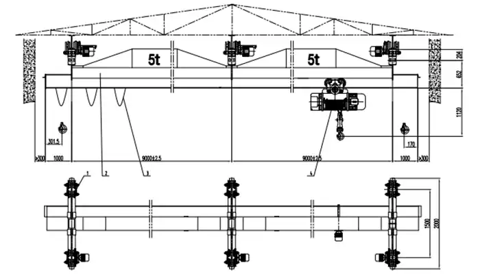 Multiple Point Underhung Bridge Crane 5 Ton 9m+9m H6m | 3 Support Points 