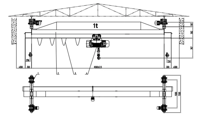 Oil Depot Underhung Crane 1 Ton S6m H7m with CDH Hoist & 4 Lights 