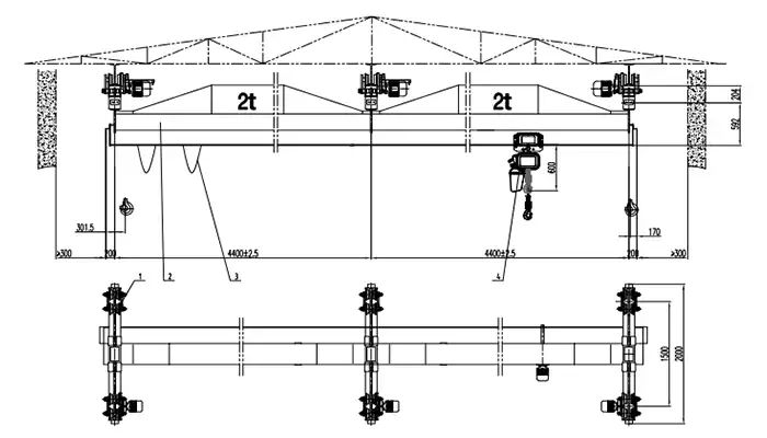 Crane End Carriage 2 Ton S12m A3 4 Sets Overhead Crane End Beam End Truck for Underhung Bridge Crane with CD2t Hoist 15.2 kN Wheel Load I 20m-45c Rail 380V 50Hz