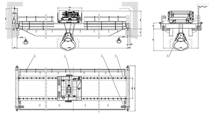 Double girder overhead crane with grab bucket