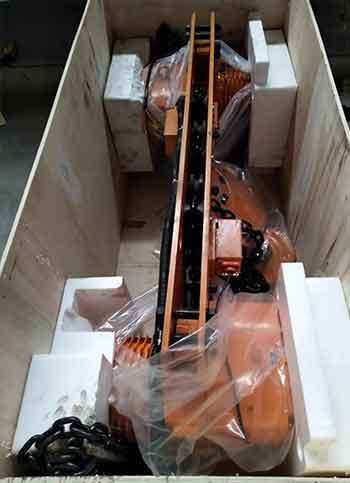 Low headroom electric jib hoist packed for delivery to Sudan by shipping at the port of Qingdao 