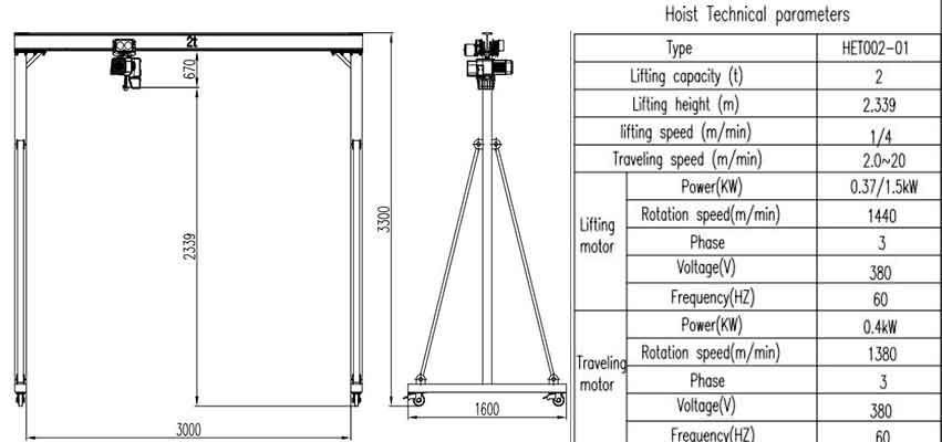 2 Ton Portable Gantry Crane, Telescoping Gantry & Fixed Height 