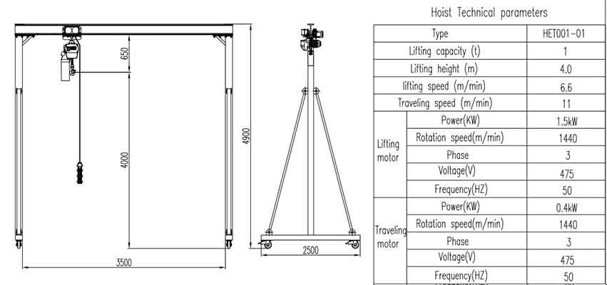 Click to download drawing of portable gantry crane 1 ton - 3.5 m width - 4 m lifting height