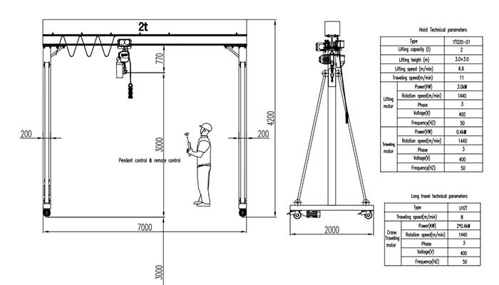 2 ton mobile gantry crane drawing with specifications