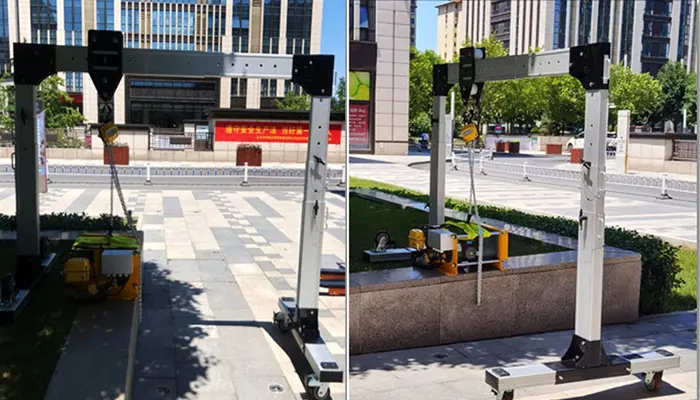 The two legs of the portable aluminum gantry cranes can be adjusted with different height to operated on groundlegs for Use on Different Levels or Surfaces