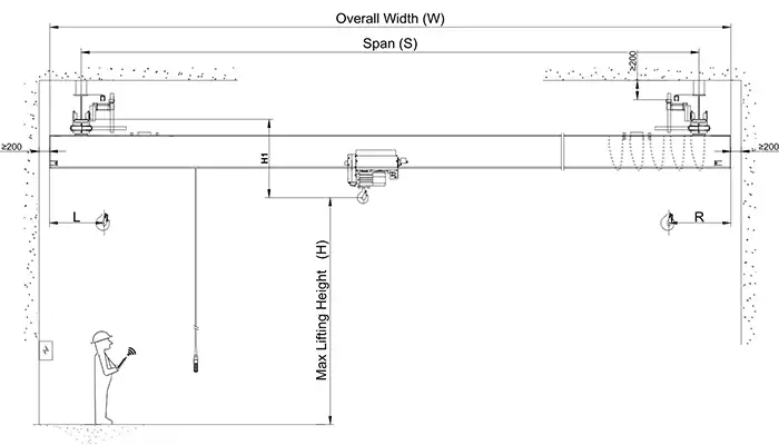 Single girder underhung overhead bridge crane main specifications drawing