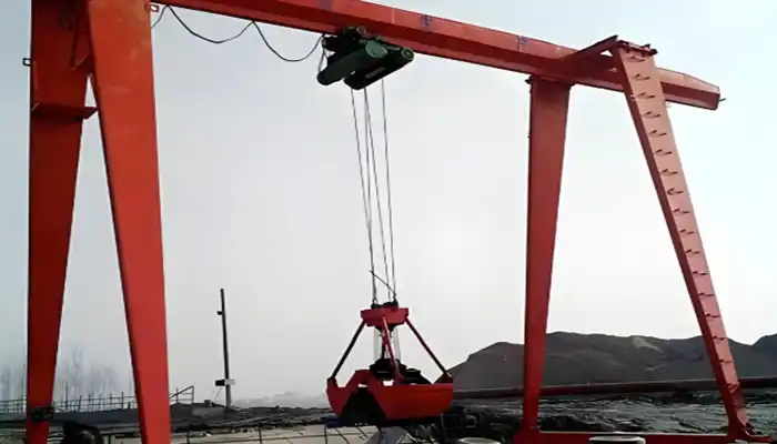 single girder goliath gantry crane with grab bucket for bulk material handling 
